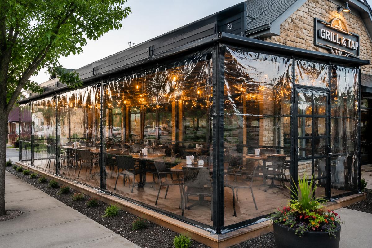 Outdoor restaurant patio with clear PVC enclosure installed