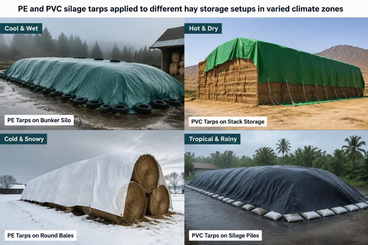 PE and PVC silage tarps applied to different hay storage setups in varied climate zones
