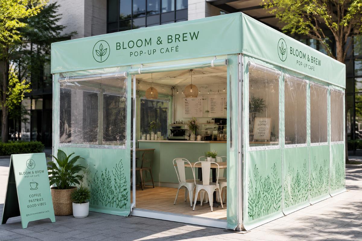 Pop up café with custom branded colored PVC enclosure