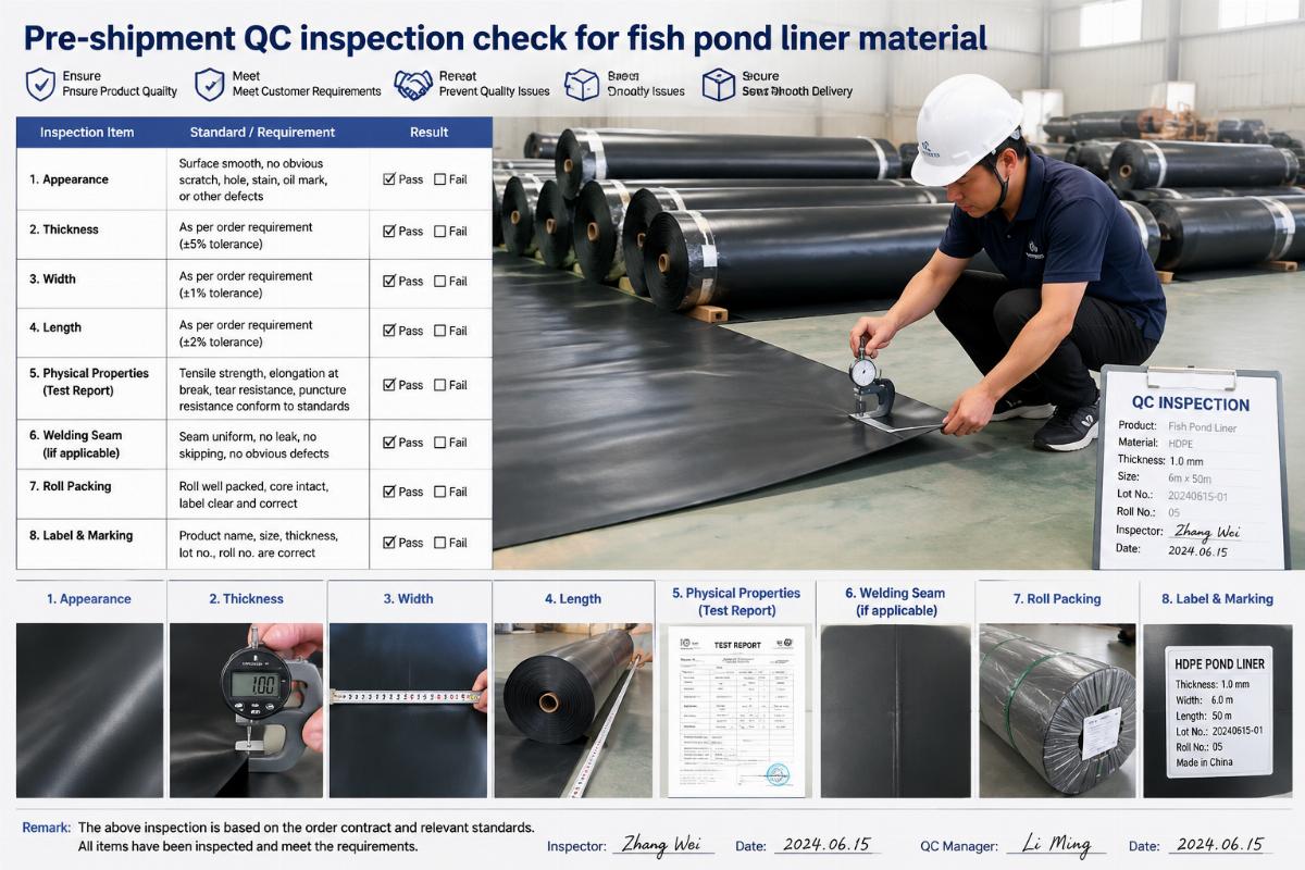 Pre-shipment QC inspection check for fish pond liner material