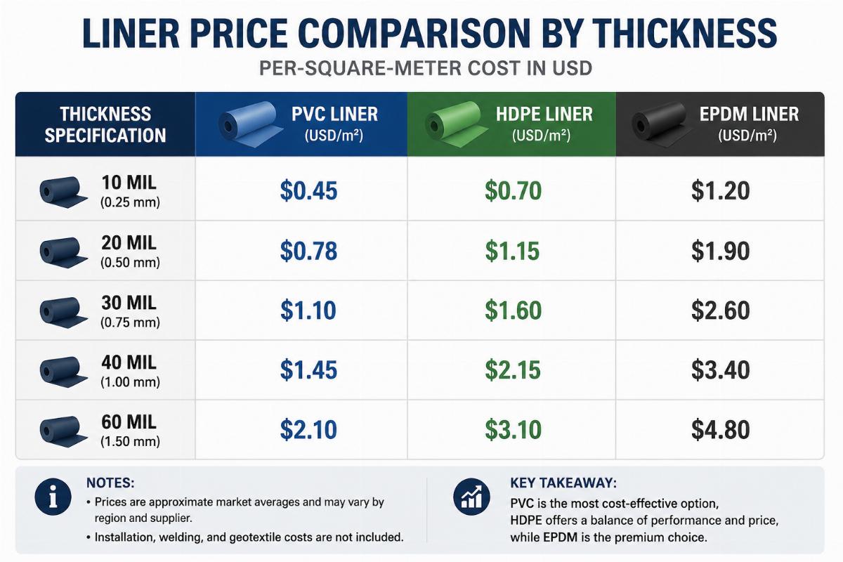 Price comparison chart showing per-square-meter costs for PVC, HDPE, and EPDM liners across 5 common thickness specifications