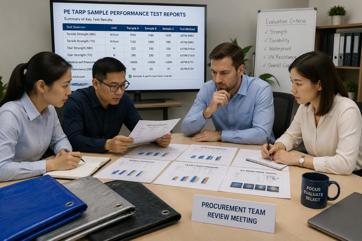 Procurement team reviewing PE tarp sample performance test reports