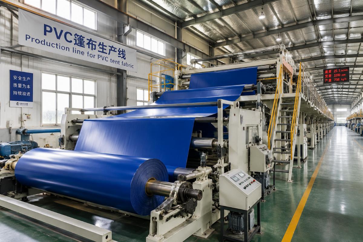 Production line for PVC tent fabric at a China-based factory facility