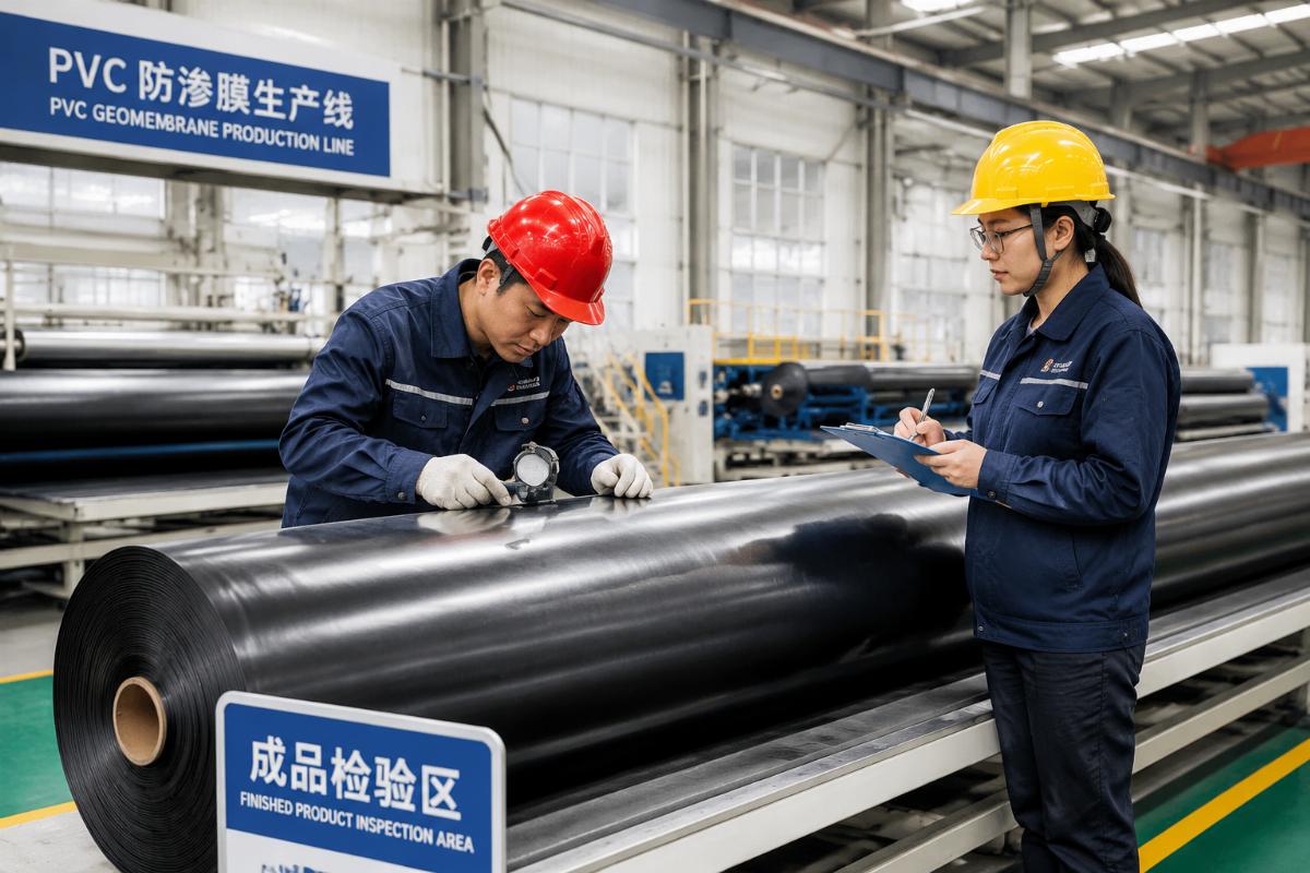 Production line workers conducting quality inspection on finished PVC geomembrane rolls