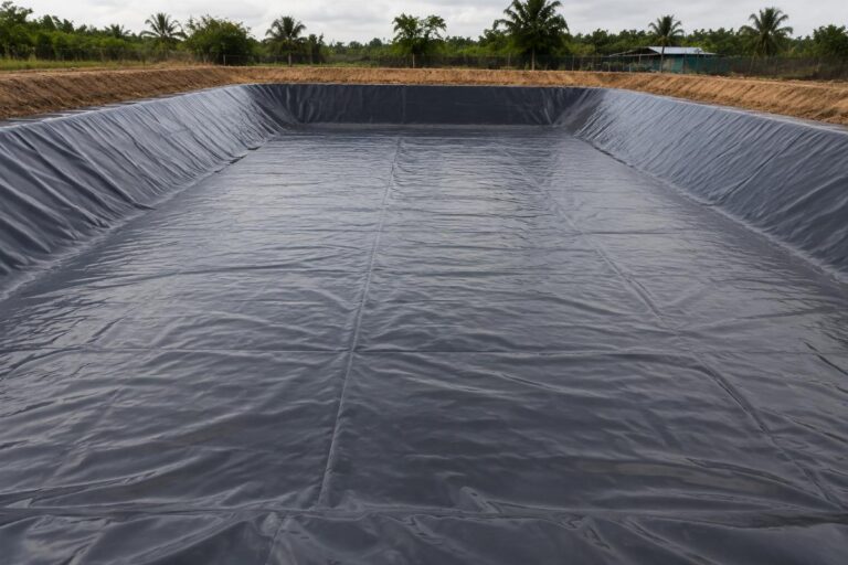 PVC fish pond liner laid over a leveled sand base in a newly constructed tilapia pond