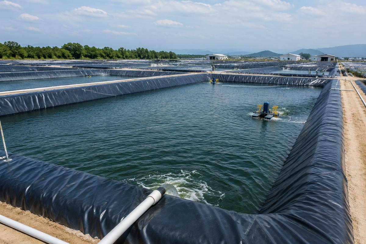 PVC pond liner installed in a large scale aquaculture farm