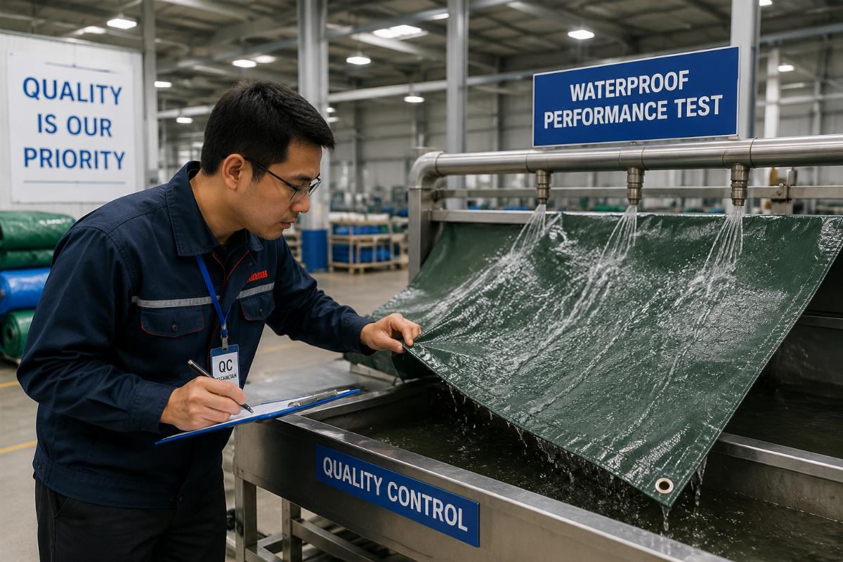 Quality control technician testing tarpaulin waterproof performance at a production facility