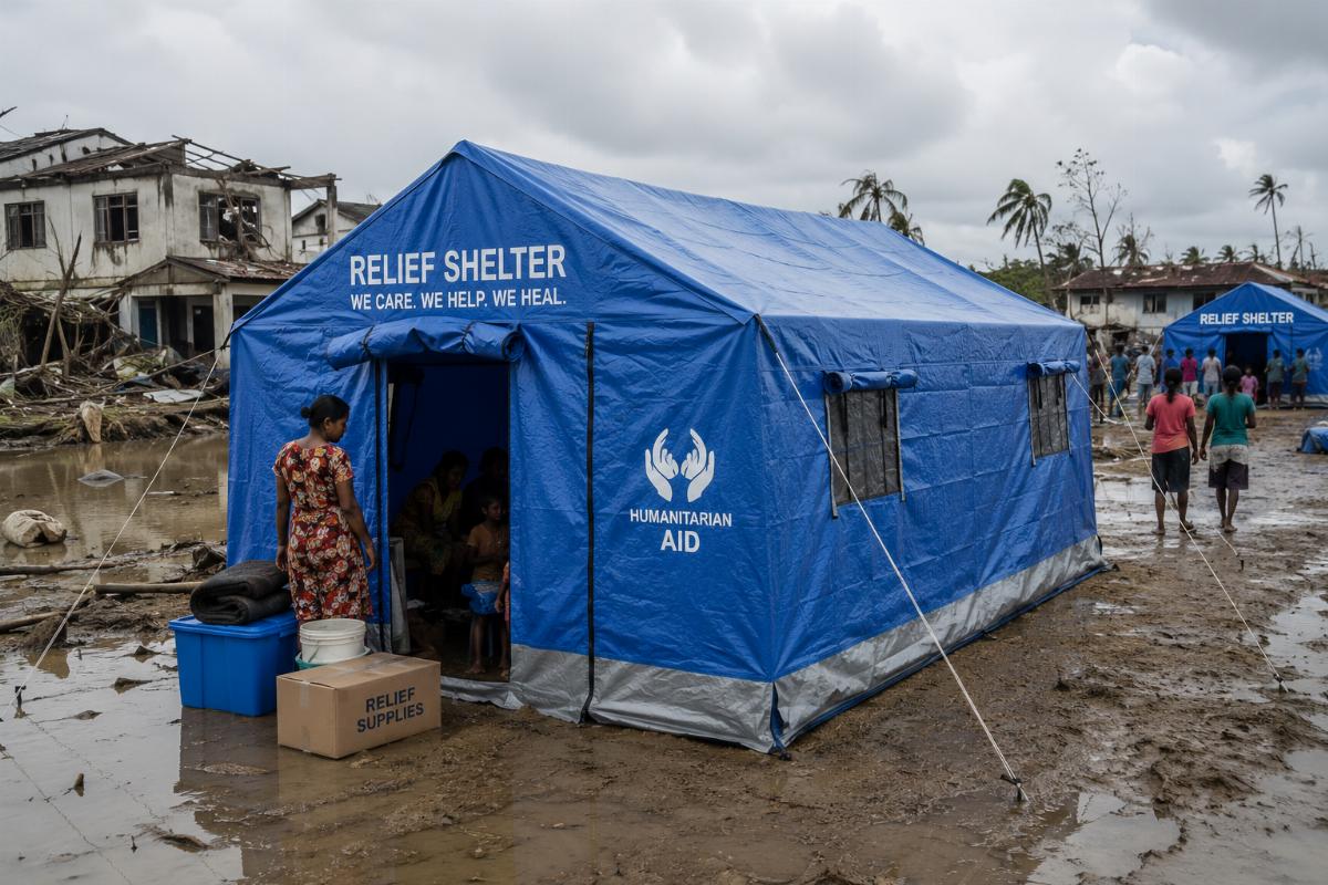 Relief shelter constructed with purpose-built tarpaulin deployed in a post-flood zone