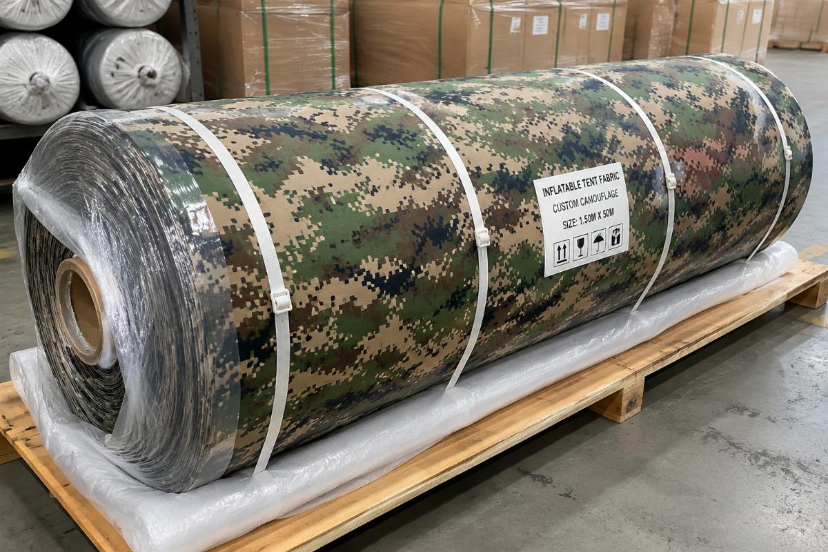 Roll of custom camouflage printed military inflatable tent fabric ready for shipping