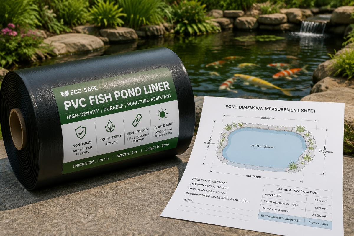 Roll of high-density eco-safe PVC fish pond liner next to a pond dimension measurement sheet