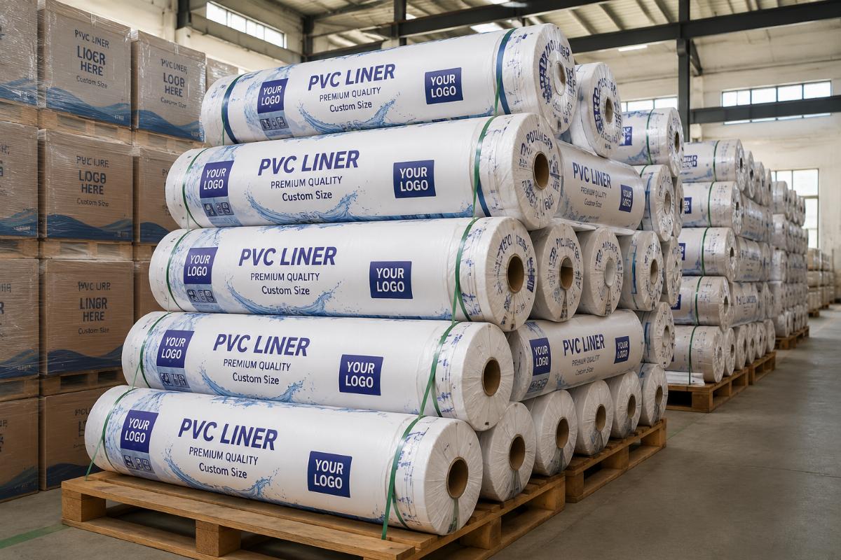 Rolls of PVC liner with custom private label packaging stacked in a warehouse for shipping