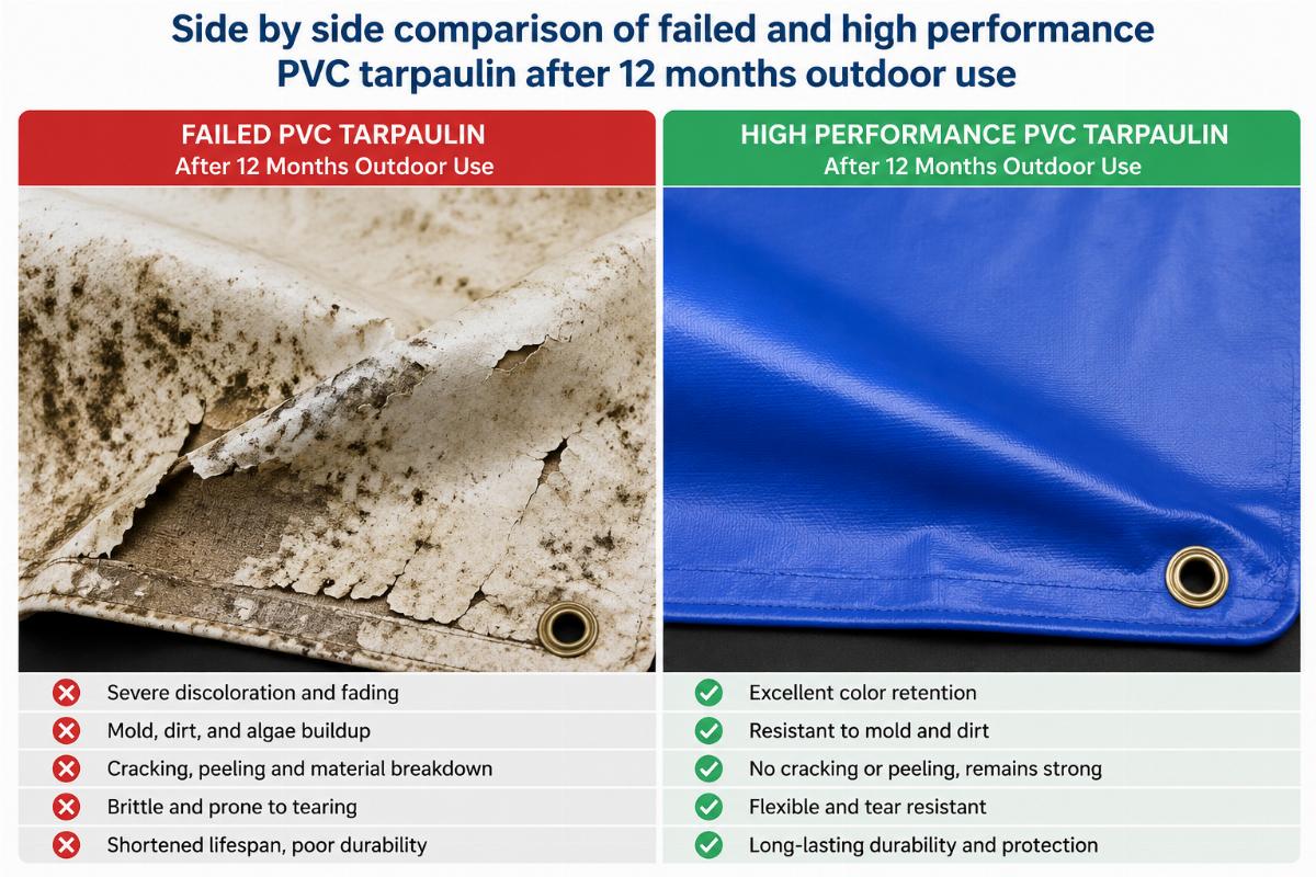 Side by side comparison of failed and high performance PVC tarpaulin after 12 months outdoor use