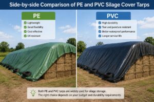 Side-by-side comparison of PE and PVC silage cover tarps laid over stacked hay bales