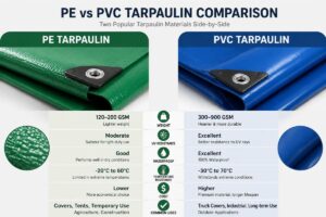 Side-by-side comparison of PE and PVC tarpaulin material samples with performance labels