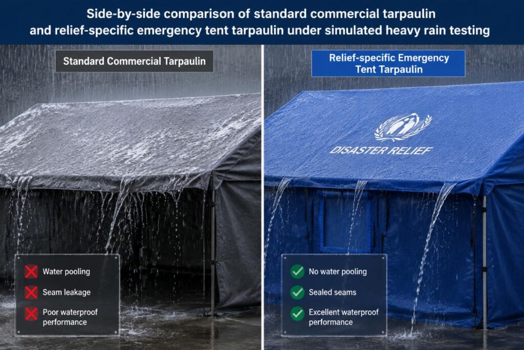 Side-by-side comparison of standard commercial tarpaulin and relief-specific emergency tent tarpaulin under simulated heavy rain testing
