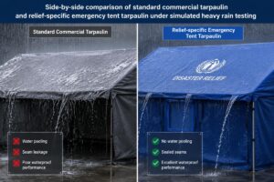 Side-by-side comparison of standard commercial tarpaulin and relief-specific emergency tent tarpaulin under simulated heavy rain testing