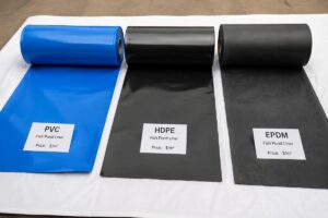 Side-by-side sample rolls of PVC, HDPE, and EPDM fish pond liners laid out for per-square-meter price testing
