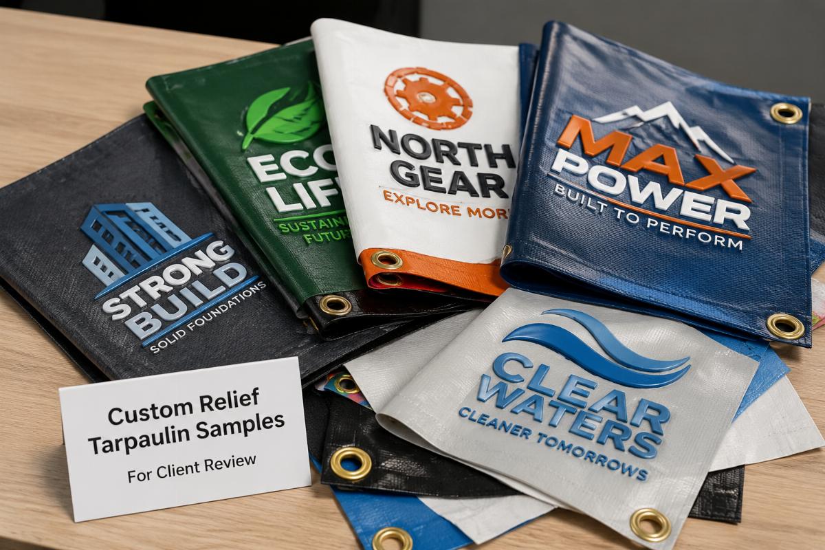 Small batch of custom printed relief tarpaulin samples ready for client review
