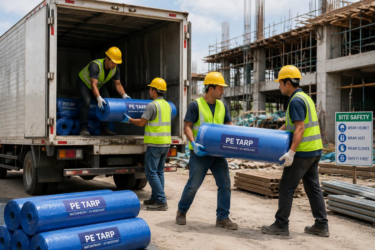 Small construction project team unloading PE tarp rolls from delivery truck