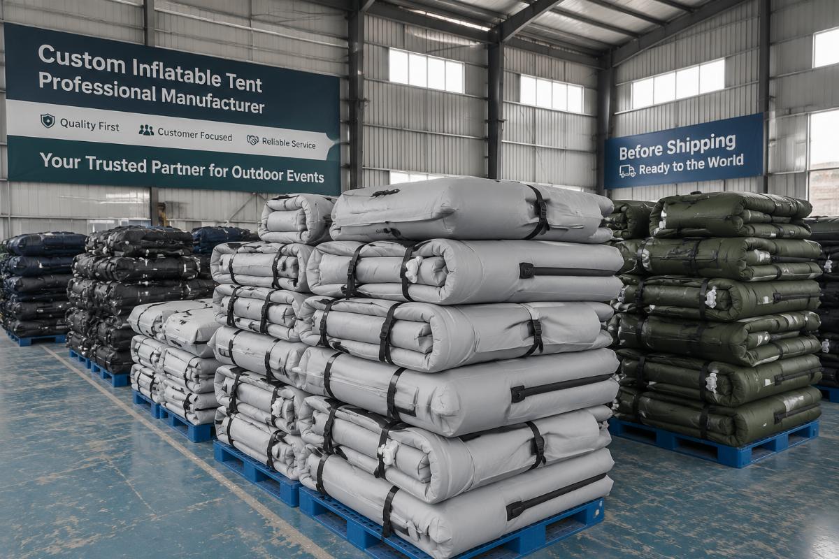 Stack of folded custom inflatable tents in factory warehouse before shipping