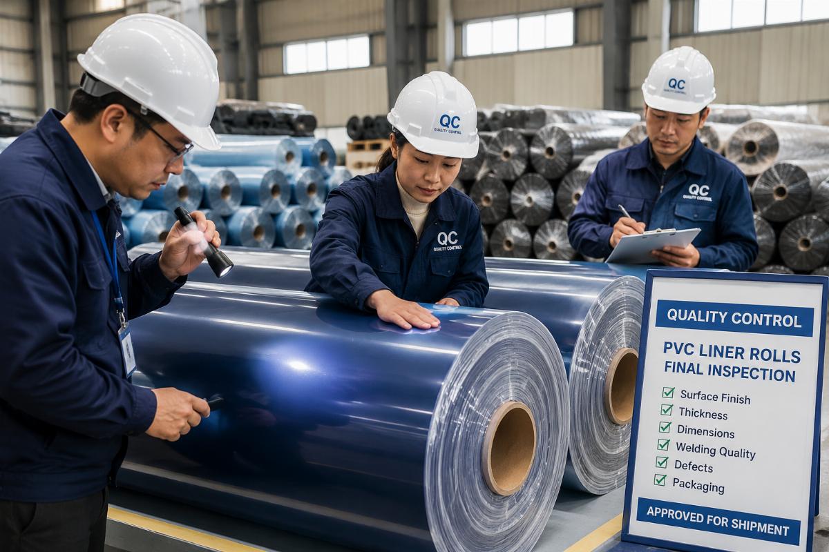 Supplier quality control team checking finished PVC liner rolls for defects before shipment