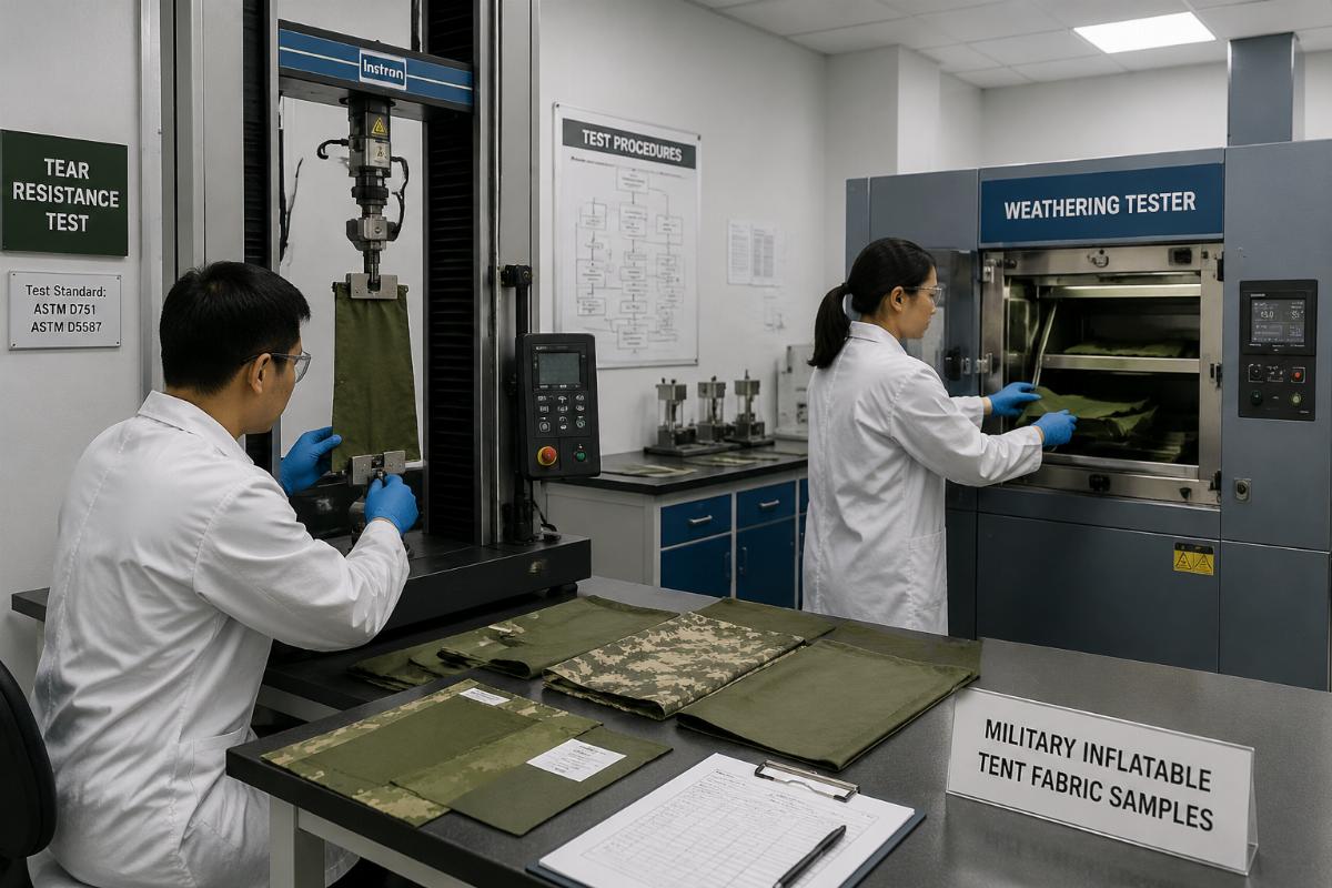 Test lab staff running tear resistance and weathering tests on military inflatable tent fabric samples