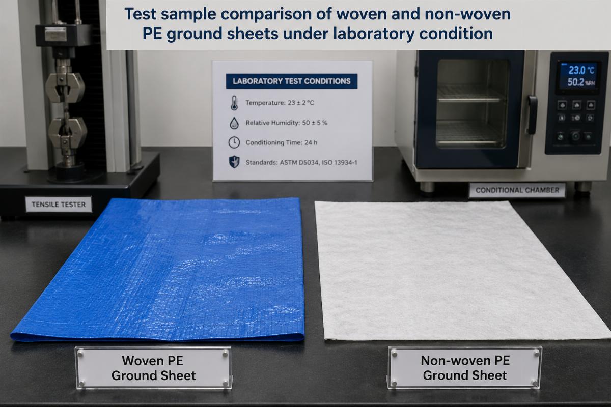 Test sample comparison of woven and non-woven PE ground sheets under laboratory condition