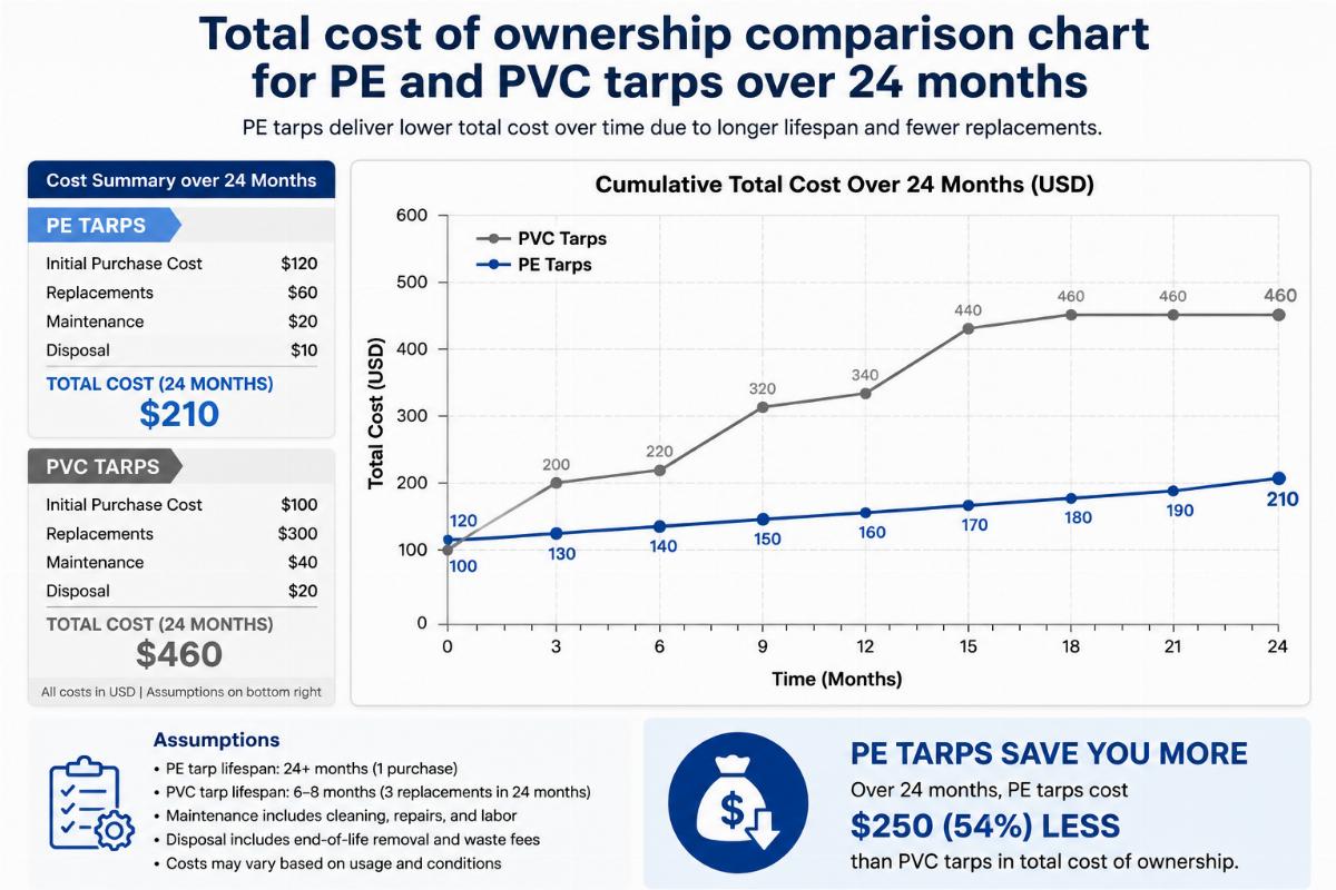Total cost of ownership comparison chart for PE and PVC tarps over 24 months
