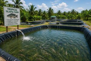 Tropical tilapia farm with properly fitted PVC pond liner