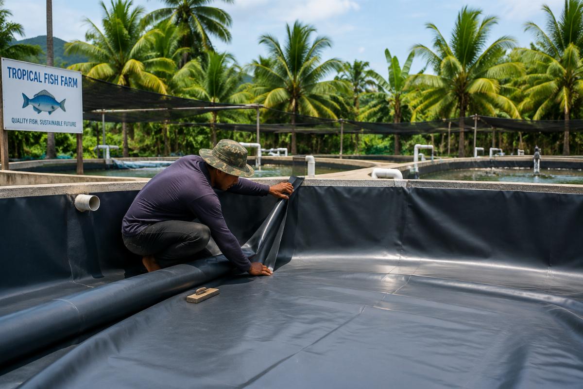Worker installing custom cut PVC pond liner on a tropical fish farm