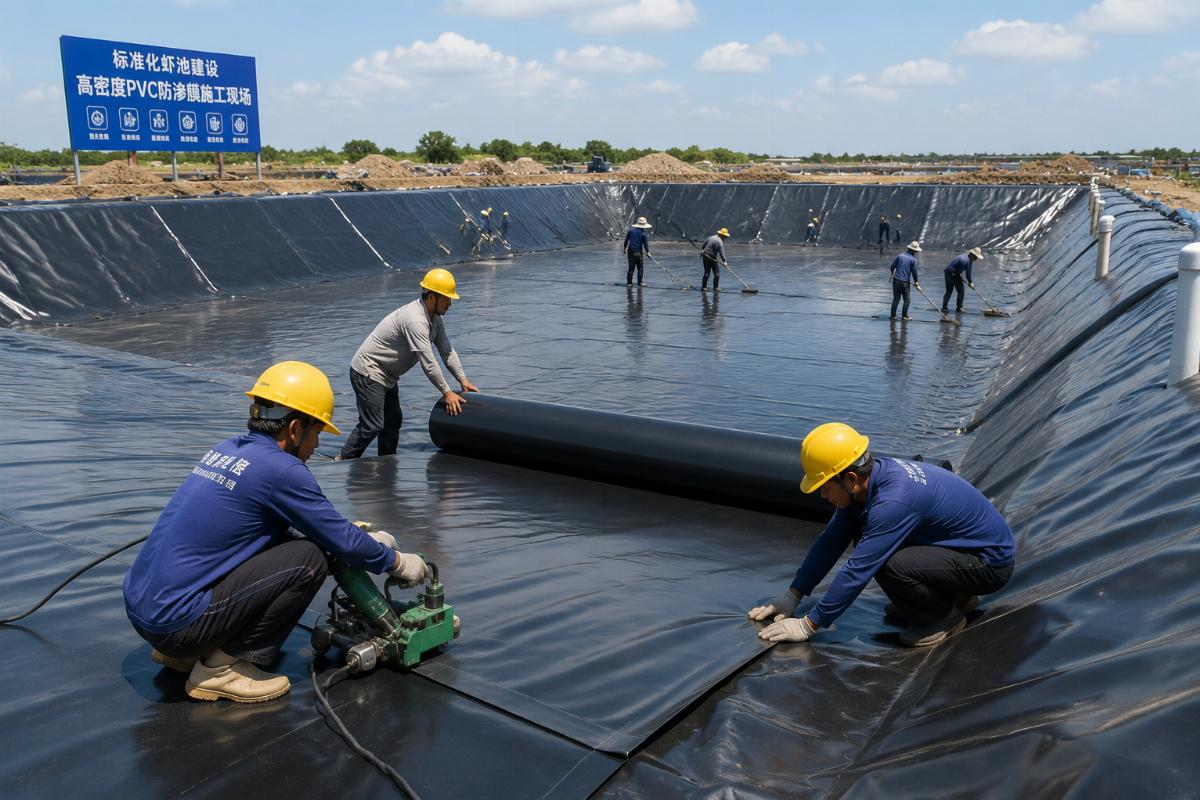 Workers installing high-density PVC liners in a standardized shrimp pond construction site