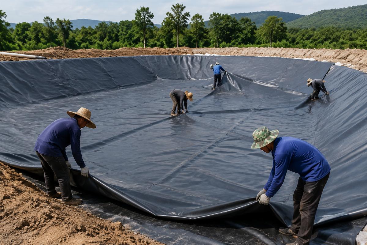 Workers laying pre-cut PVC liner into a prepared pond basin