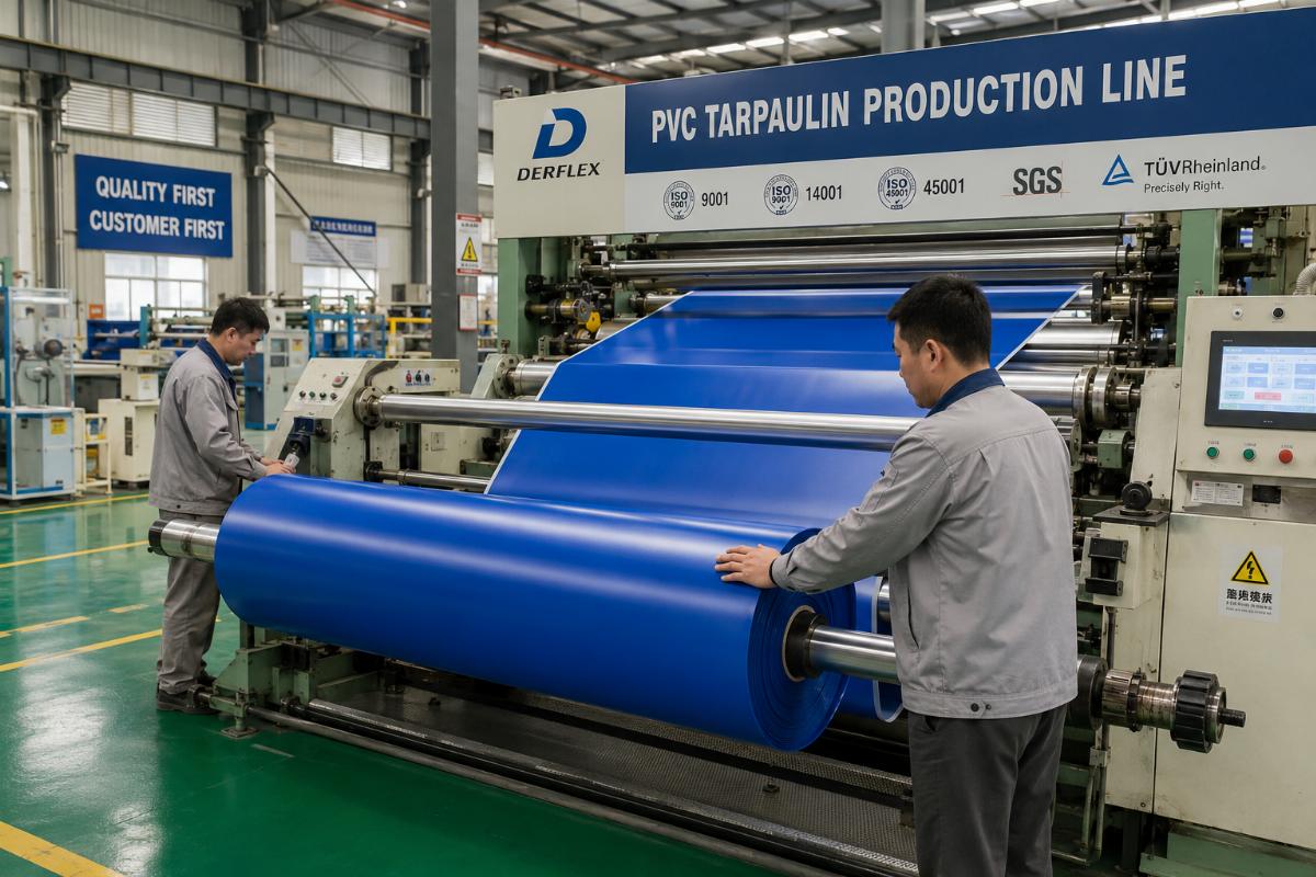 Workers operating PVC tarpaulin production equipment in a certified factory