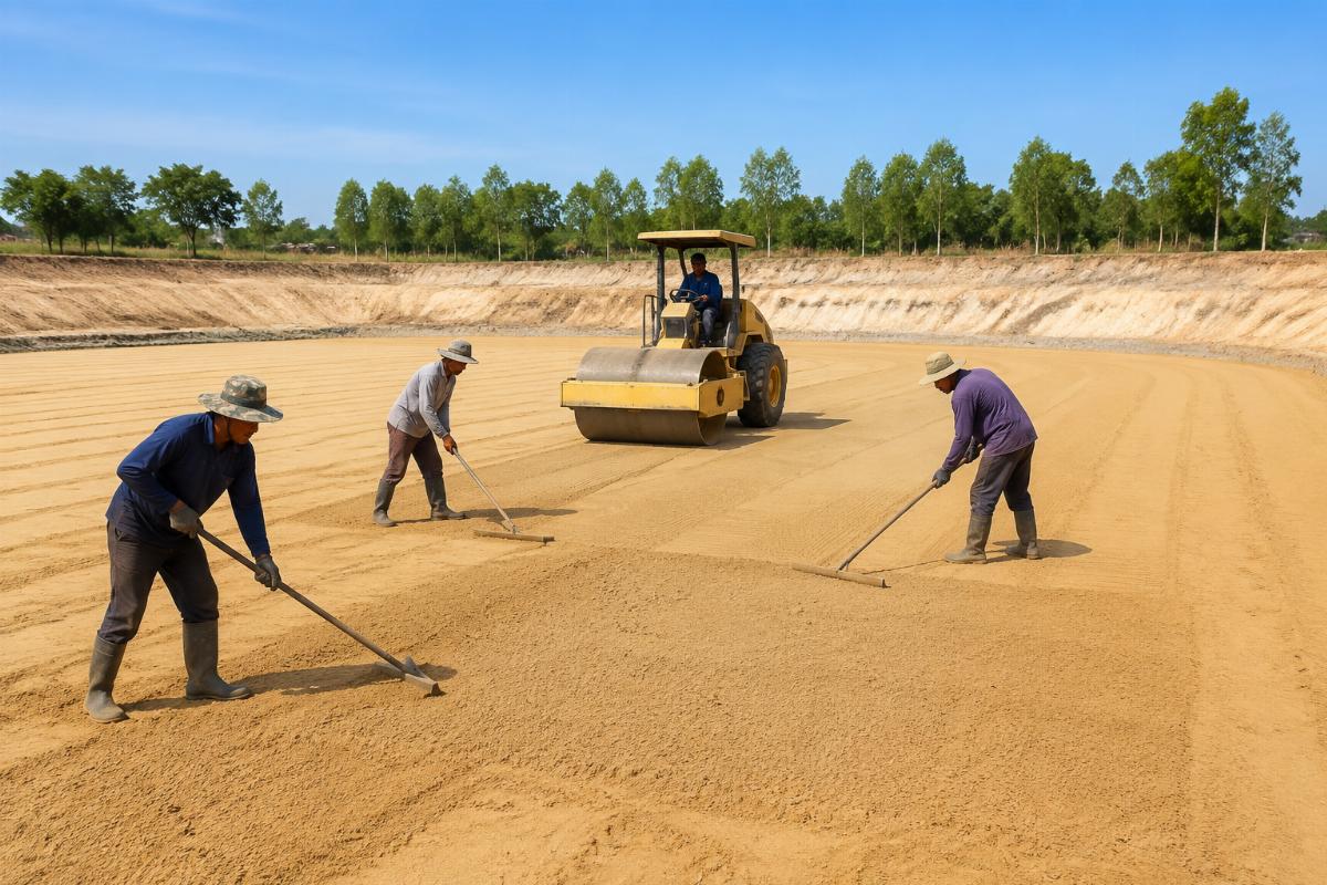 Workers spreading and compacting fine sand across a leveled new pond floor